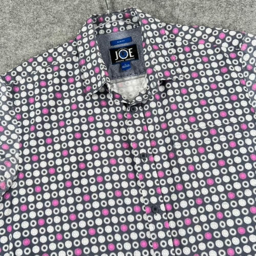 Joseph Abboud Mens Large Slim Fit Button Down Short Sleeve Shirt Pink Sun Face